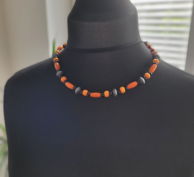 Necklace - elasticated with orange, silver, and black beads