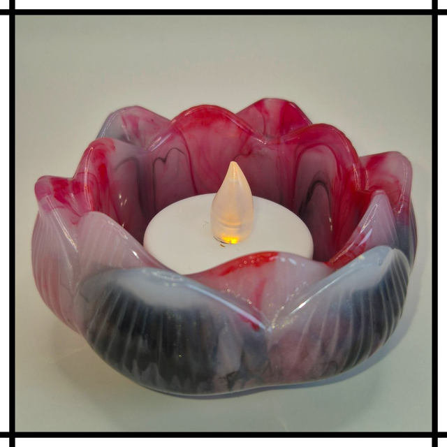 Handmade Resin Small Flower Tealight Holder – Ink Drop Red &amp; Black | Decorative Mindfulness Home Décor - SFT-004