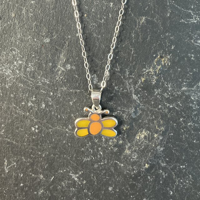 Enamelled Honey Bee Sterling Silver Pendant and 16" Chain Necklace