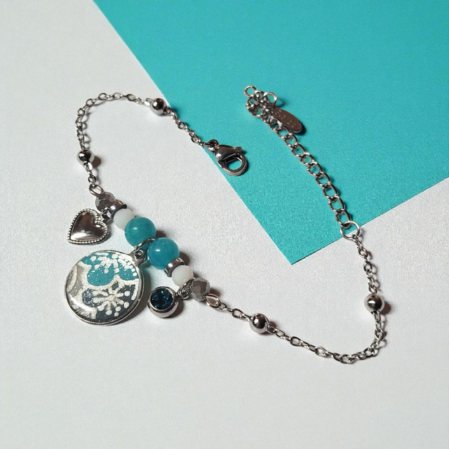 bracelet acier inoxydable motifs japonais turquoise blanc et argenté