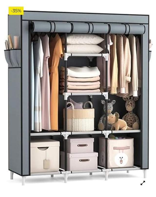 Armario de Tela para Ropa Plegable, Organizador Ropero con 2 Barra para Colgar, 8 Estantes y 4 Bolsillos Laterales, Marcos Metál
