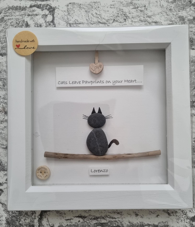 Irish, Hand Crafted, Personalised,  Pet Cat Pebble Art Picture with Caption