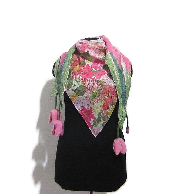 Scialle Bactus lana merino seta feltro Fatto a mano scialle infeltrimento fiori tulipani Sciarpa rosa donna Scialle Regalo unico
