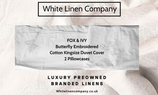 FOX & FRY - Luxury 100% White Egyptian Cotton - Kingsize Duvet Cover - 2 Pillowcases - Butterfly Embroidered