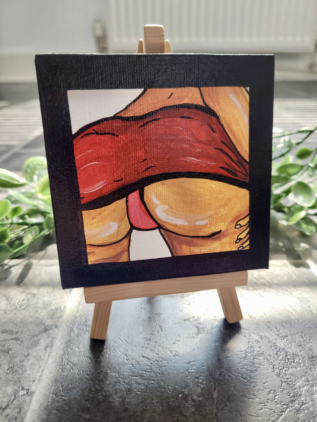 Original Mini Canvas Painting – Red Skirt and Rebellion - Butt Painting Black Border