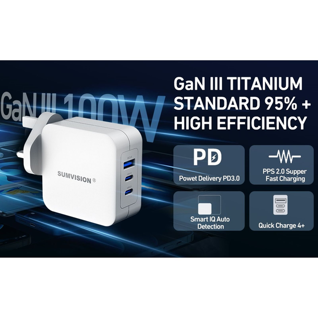 SUMVISION Universal 3 Port USB 100W Laptop Wall Charger,