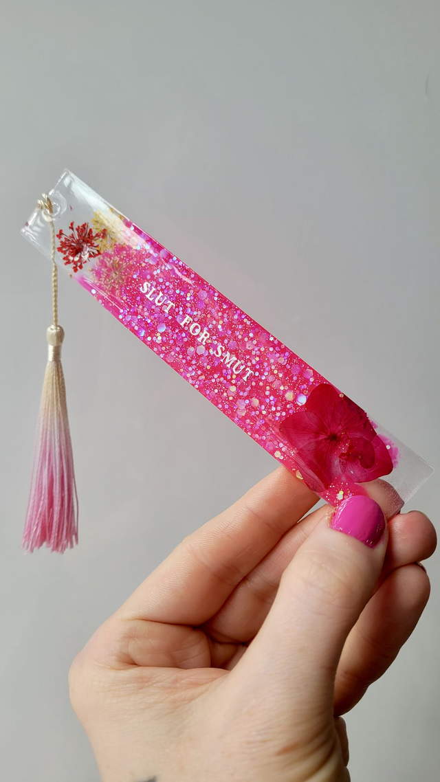 Bookmark - SLUT FOR SMUT - Bright Pink Glitter &amp; Dried Flowers