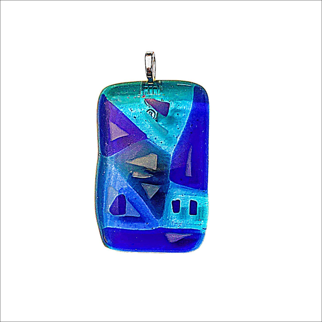 Pendant in a variation of blue and turquoise glass with white and blue confetti (Ref P24)