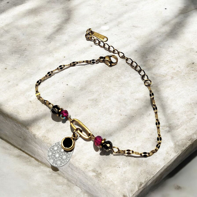 Bracelet acier inoxydable et strass fuchsia prune et blanc