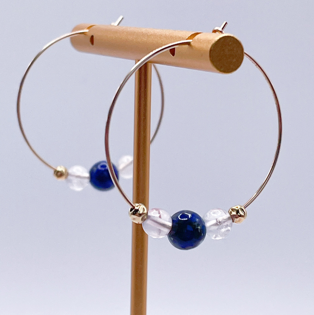 Boucles d’oreilles or gold filled et cristal de roche et Lapis lazuli