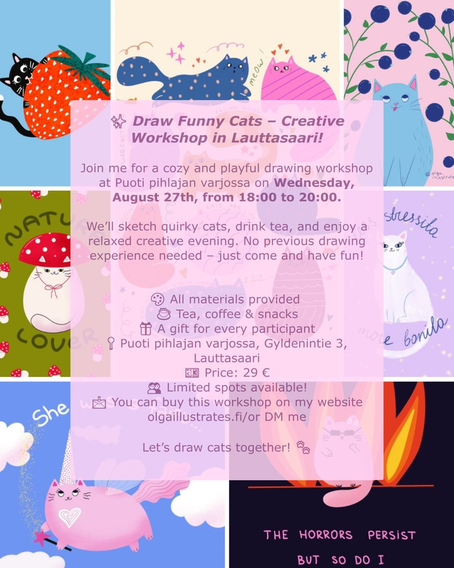 ✨ Draw Funny Cats – Creative Workshop/Piirrä hauskoja kissoja – luova iltaworkshop!