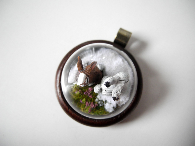 Mountain Hares - OOAK Biosphere Wood Jewelry - Clear glass globe with two delicate Mountain Hares inside– winter/spring inspired jewelry (1)
