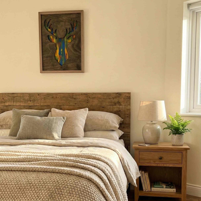 Tableau “Tête de Cerf” – Bois découpé & fond coloré – Pièce artisanale