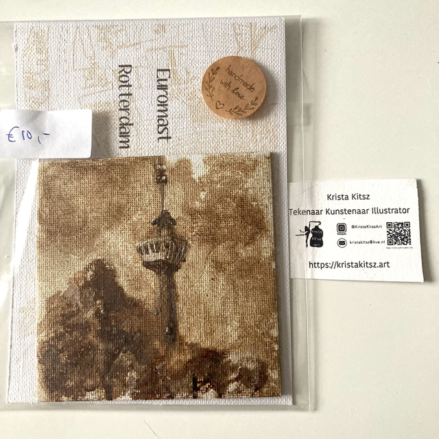 Mini schilderij Euromast Rotterdam nr 3 vierkant op magneet canvas met ansichtkaart  
