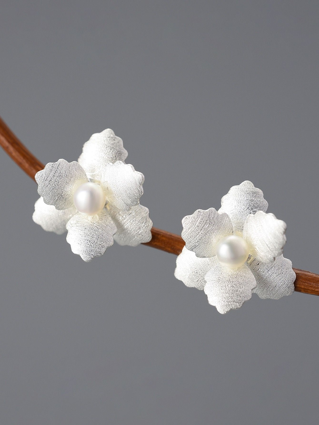 *Designer Silver Jewellery* Christmas Red Poinsettia Silver and Freshwater Pearl Earrings 