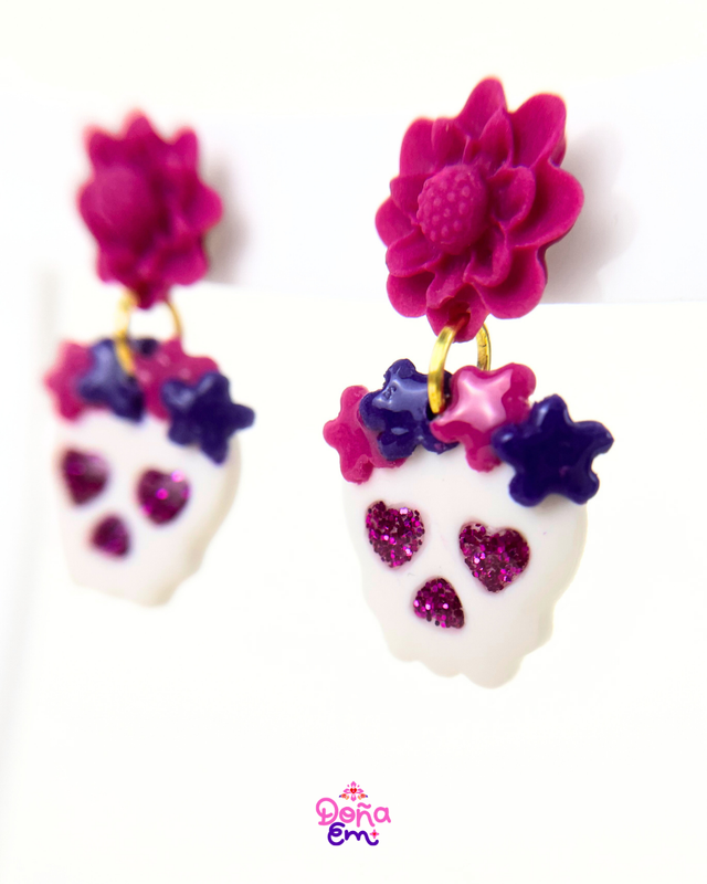 Boucles d'oreilles "Calavera" - Fleurs roses et violettes, yeux roses