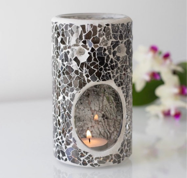 Gun Metal Grey Glass Crackled Effect Tealight Wax Burner 