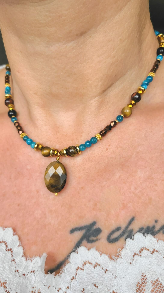 Collier Apatite & Œil du Tigre – Courage & Clarté
