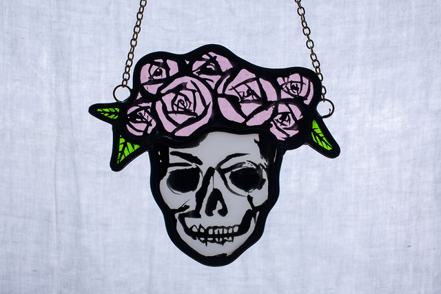 Day of the Dead Skull with Pink Rose Crown (medium)