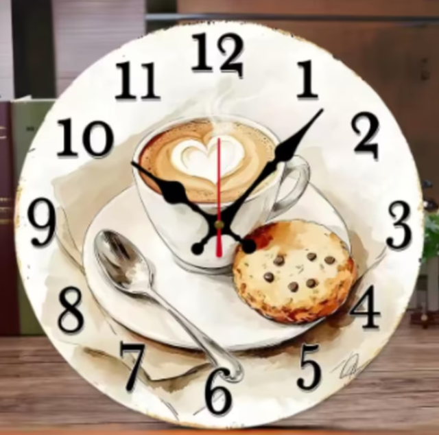 Ronde wandklok van hout analoge Koffie met koekje (25cm)