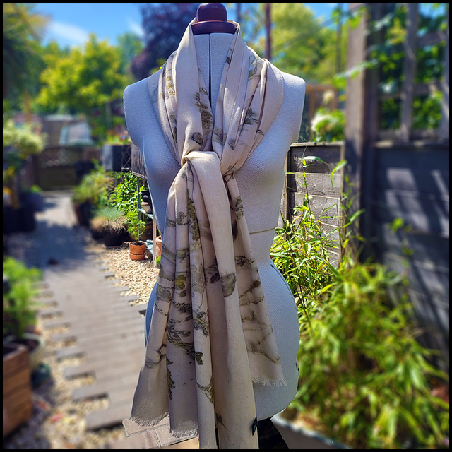 Organic cotton pashmina - eco-printed with cow parsley, meadow grasses, buttercup and wind-fall oak leaves, wrapped in an iron blanket