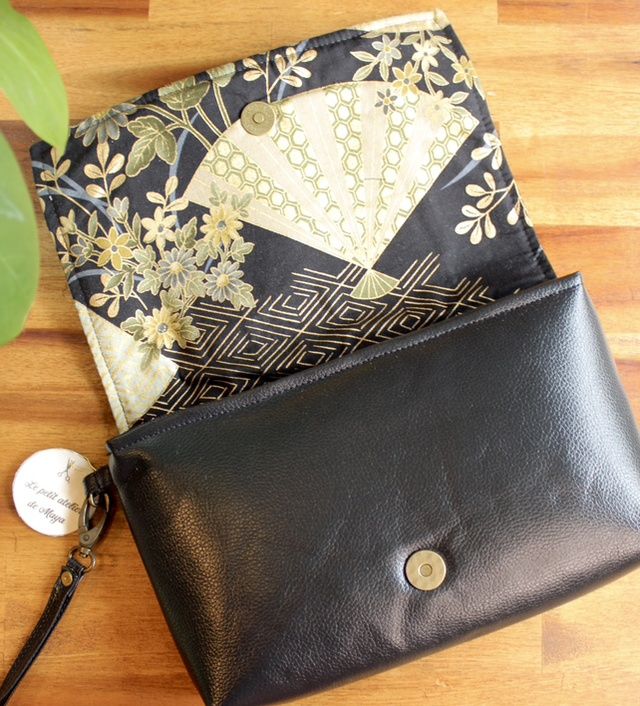 Pochette main simili cuir noir et tissu japonais / Le petit atelier de Maya