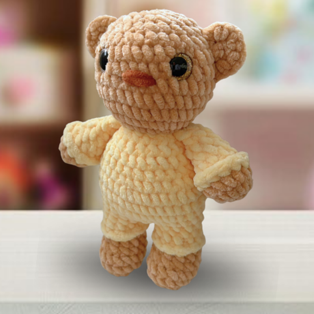 Crochet Chenille Bedtime Bear in Yellow, Glitter Eyes, Ukca tested