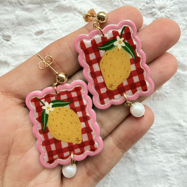 Red Gingham Lemon Pearl Drop Earrings