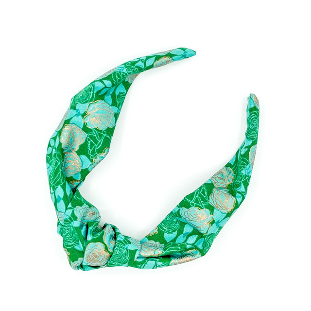Top Knot Alice Band - Green Metallic Gold Rose