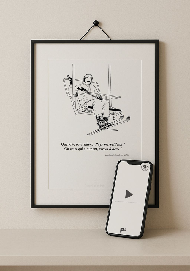 Affiche minimaliste connectée cinéma Les bronzés font du ski | Quand te reverrais-je (Audio ou Vidéo inclus)