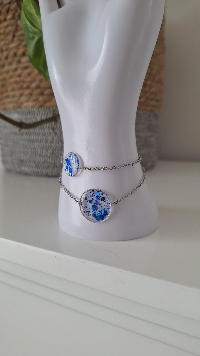 Bracelets duo Mère fille rond paillettes bleues