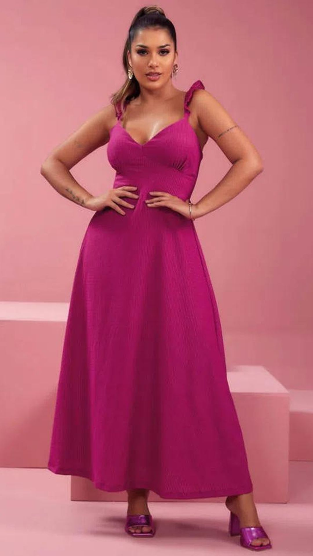 Vestido Longo com Babados nas Alças, Cor Rosa | Moda Colmeia