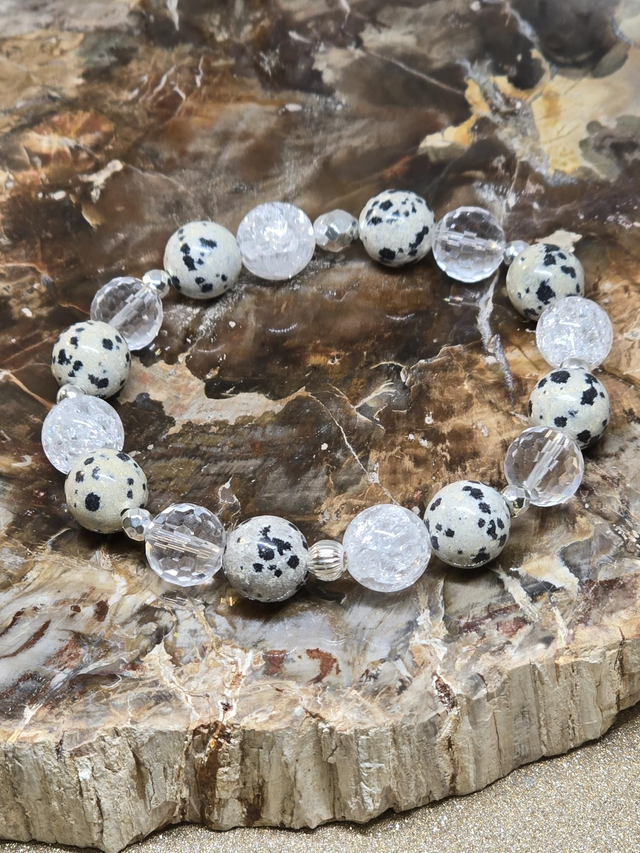 Bracelet Jaspe Dalmatien et Cristal de roche 1 cm 