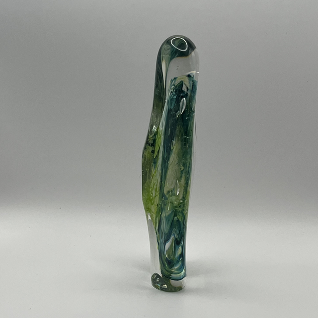 Jane Charles Glass Sculpture – Organic Triangular Form with Mottled Green Centre