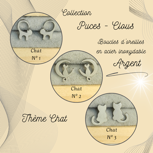 Clous d&#039;oreilles - Thème Chat - Acier Argent