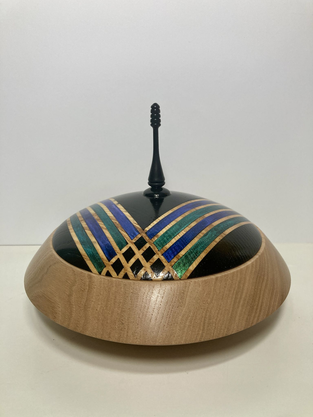 Sweet chestnut finial pot with hand painted lid