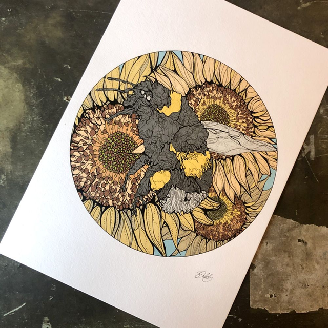 Hand-coloured print - bee and sunflower - circular pale blue