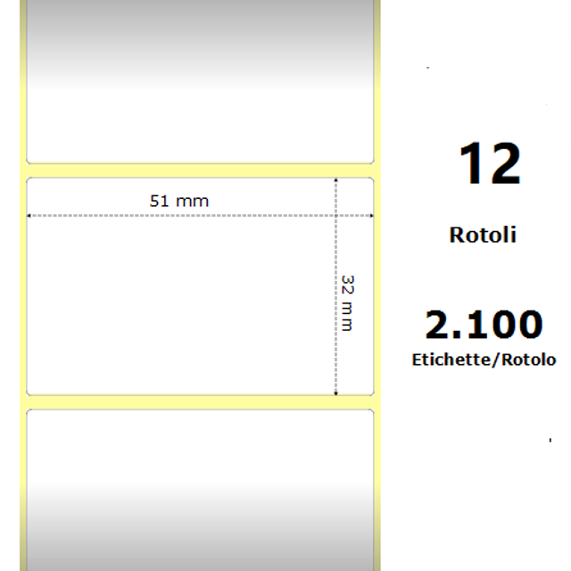 White 51x32mm | 2100 Et/Rotolo Z-1000D |  2x1.3x1 Core |  12 Rolls