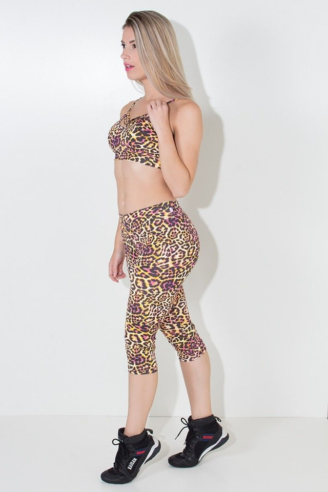 Conjunto Fitness Top e Corsário Oncinha Amarela e Rosa | Kaisan