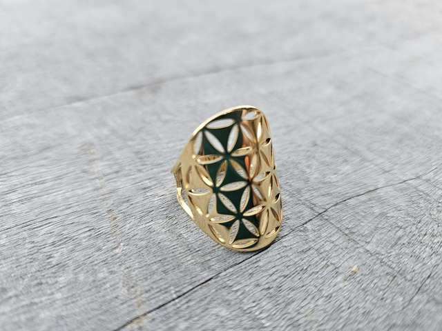 16 - Bague fleur de vie (pleine) acier inox dorée 