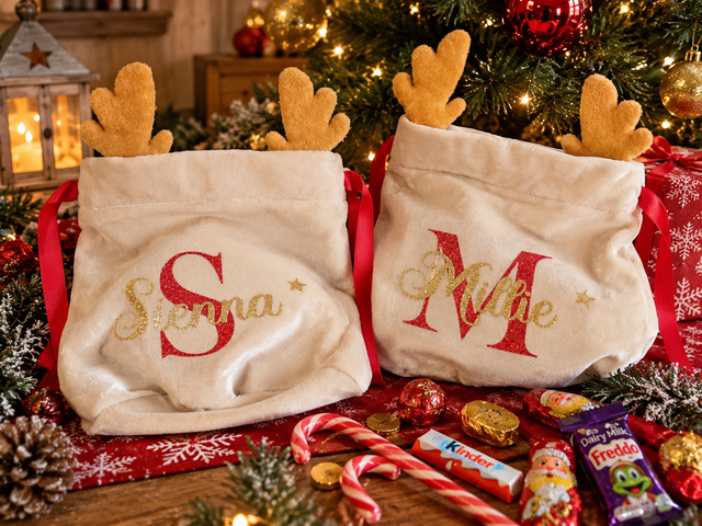 Personalised Reindeer Velvet Christmas Treat Bag – 15 x 20cm