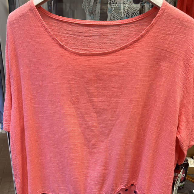 LMF - Coral Linen Top with Spotted Hem - Free Size - 1917