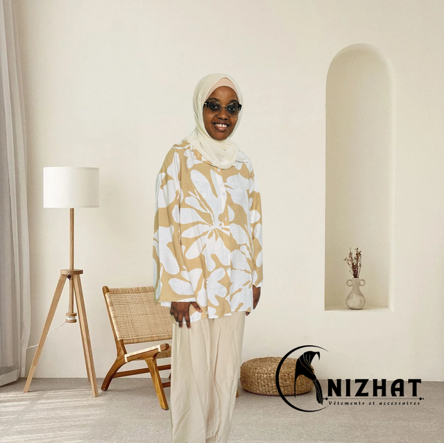 Ensemble chemise manches longues + pantalon imprimé beige et blanc 