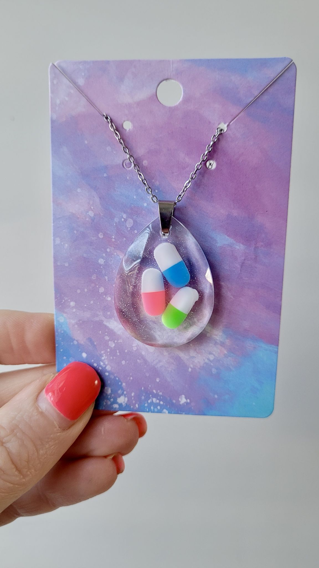 Clear Pill Necklace - Stainless Steel Extender Chain 40cm + 5cm