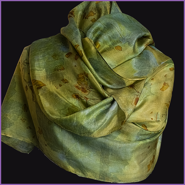 100% Silk Scarf - dyed with weld and indigo and eco-printed with sycamore, onion skins and coreopsis