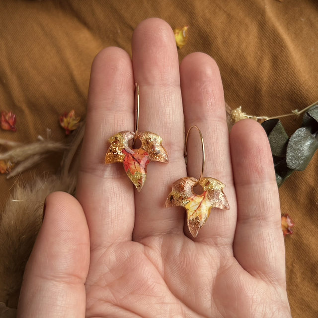 Autumnal Ivy Leaf Hoop Earrings Gold Plated