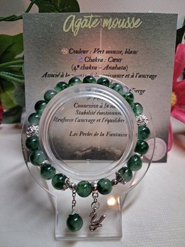 Bracelet en Agate Mousse Verte + carte chakra incluse