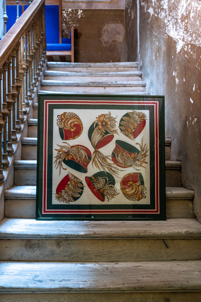 Original vintage silk scarf framed design 1950 hats hand made Italy craftmanship foulard seta cappelli modernariato home decor house decoration