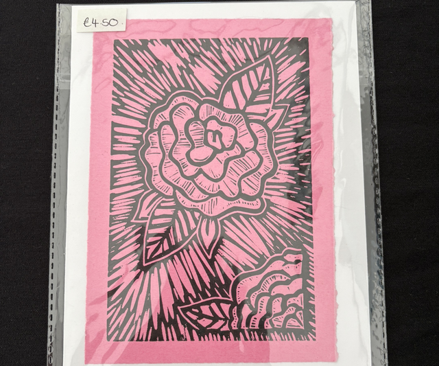 Lino print rose card ‘I love you’ 
