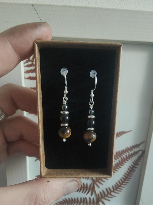 Boucles d&#039;oreilles &quot;Harmonie&quot; Triple Argent 925 : Hématite Obsidienne Dorée Œil de Tigre